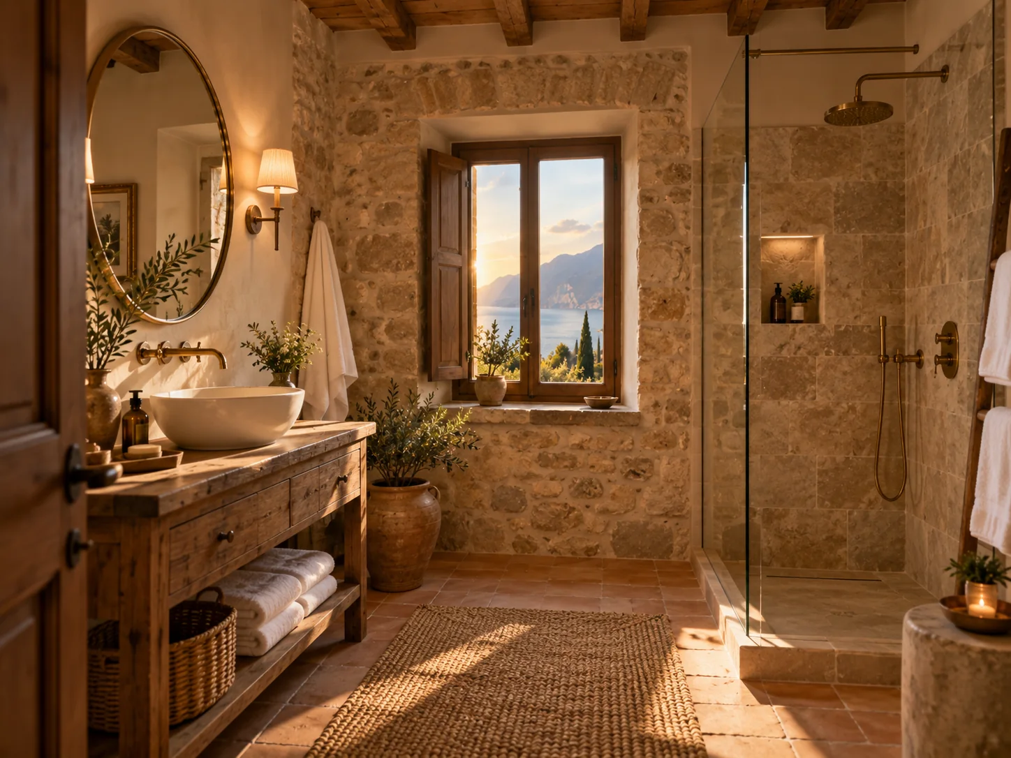 Il bagno in pietra con la doccia