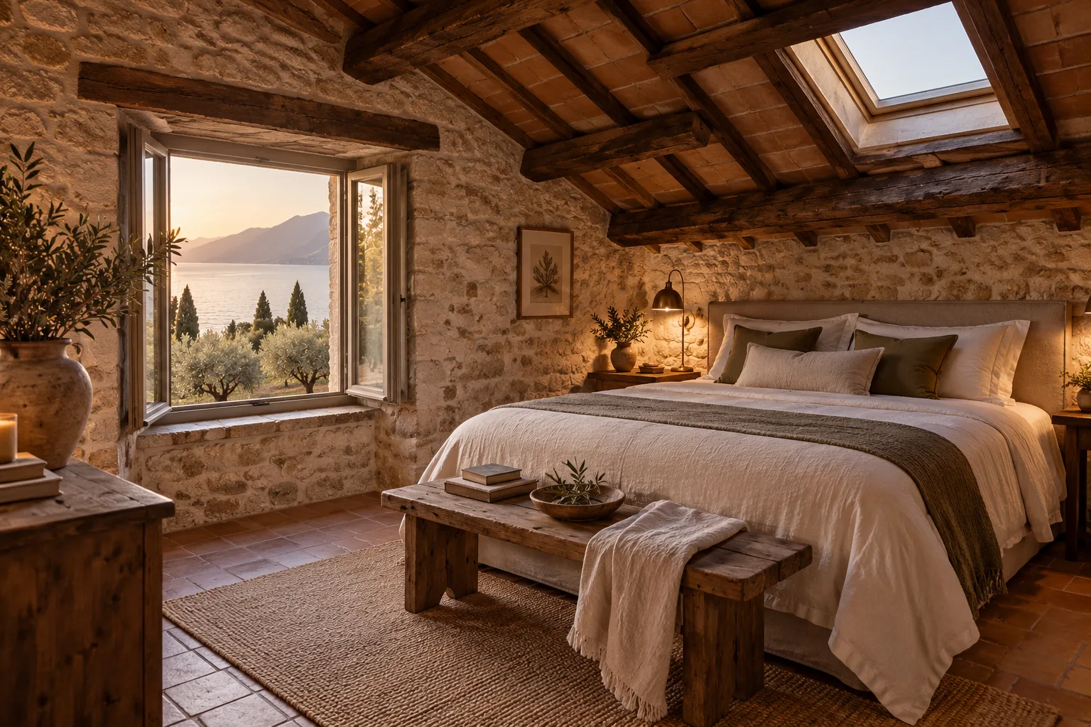 La Camera degli Ulivi: il letto sotto il lucernario e la finestra sull’uliveto
