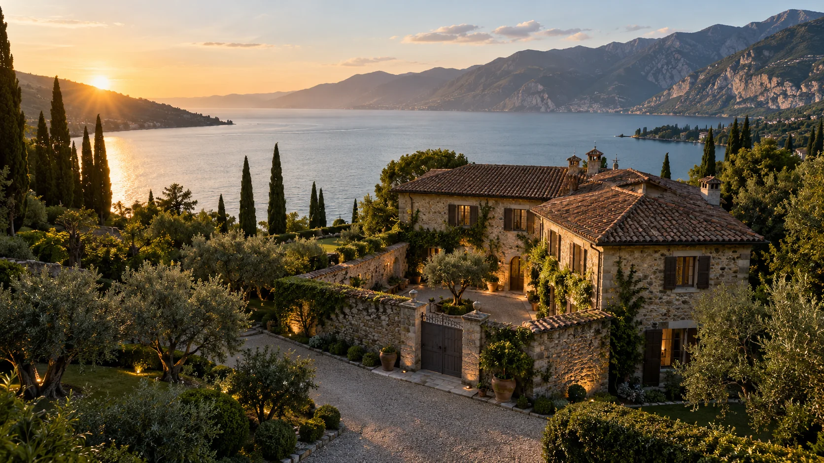 La Corte del Lago al tramonto, con il lago e le colline dietro