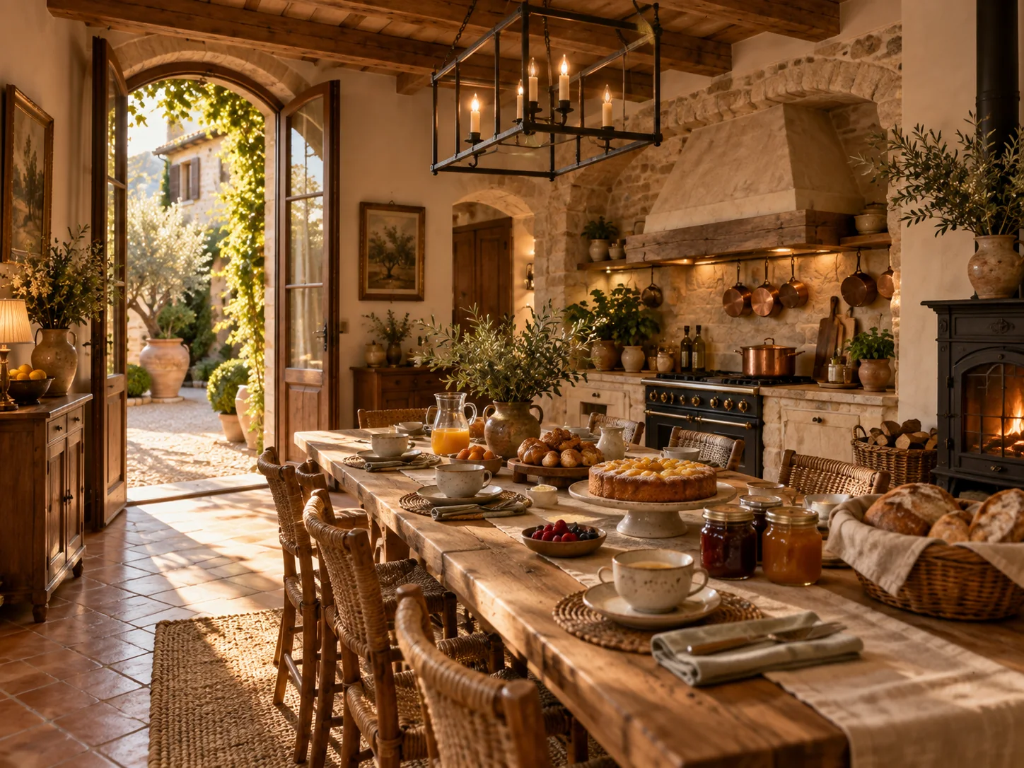 La sala della colazione: il tavolo lungo apparecchiato e la cucina in pietra