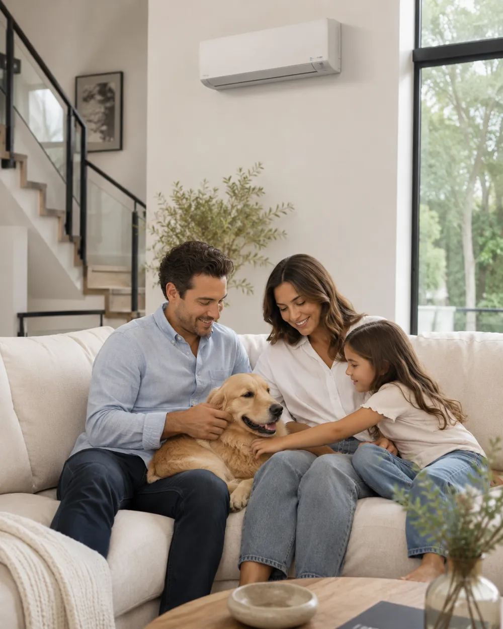 Family with their golden retriever relaxing comfortably on the couch
