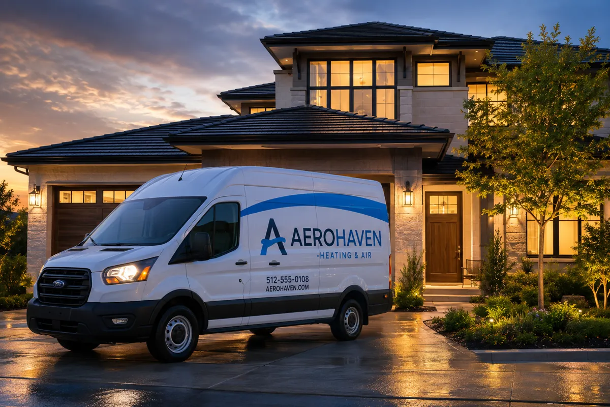 AeroHaven service van parked in front of a Texas home at golden hour