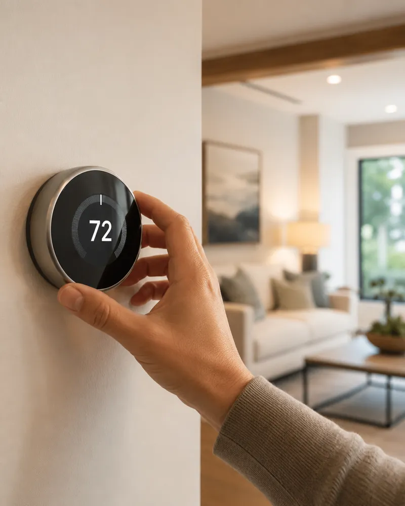 Hand adjusting a smart thermostat set to 72 degrees