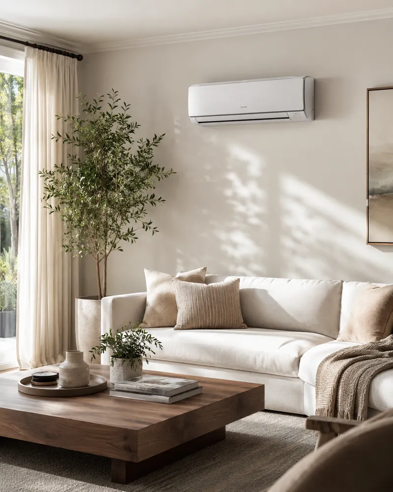 Calm living room with a wall-mounted mini split unit