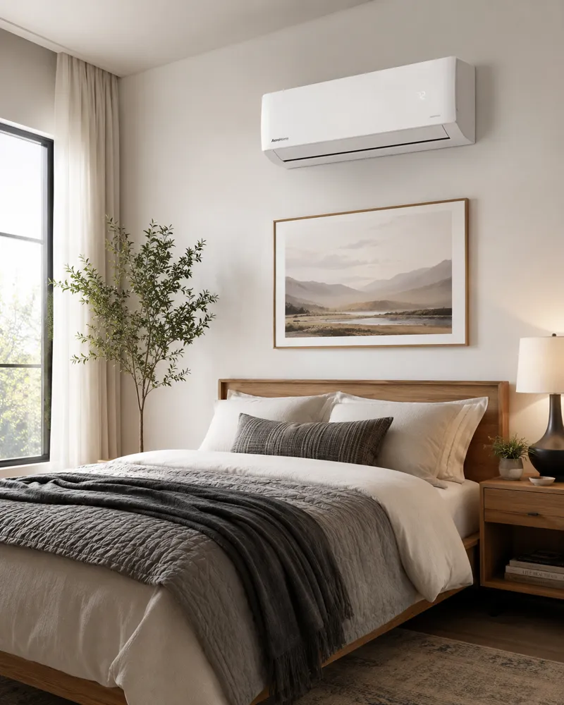 Bedroom with a quiet wall-mounted unit above the bed
