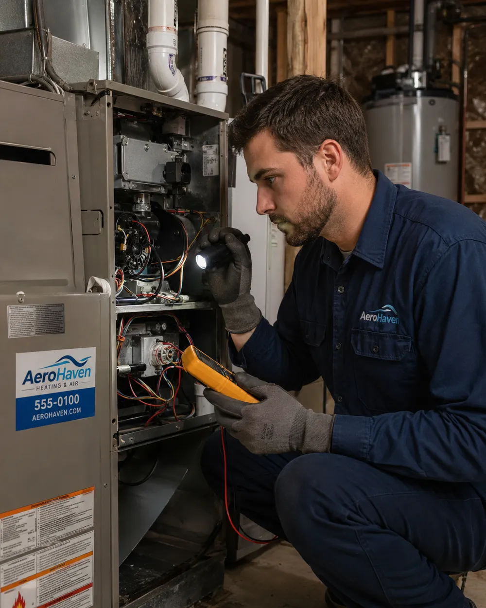 Technician servicing an aging furnace with a flashlight