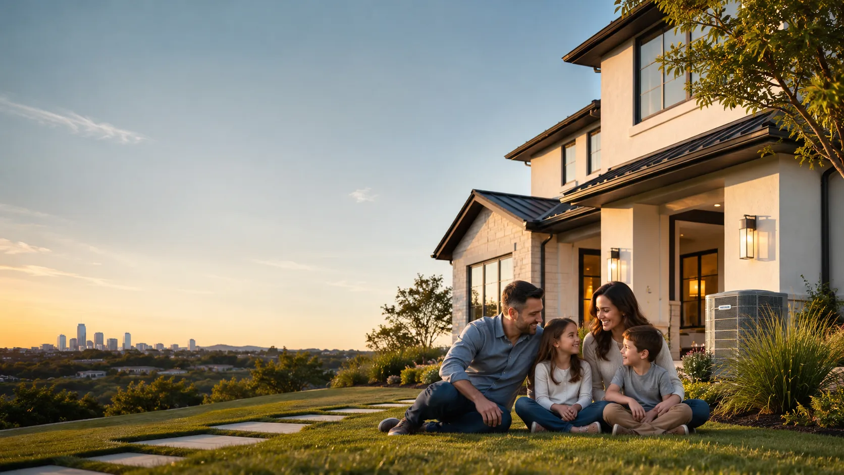 A warm modern home glowing from inside at dusk with the family gathered outside