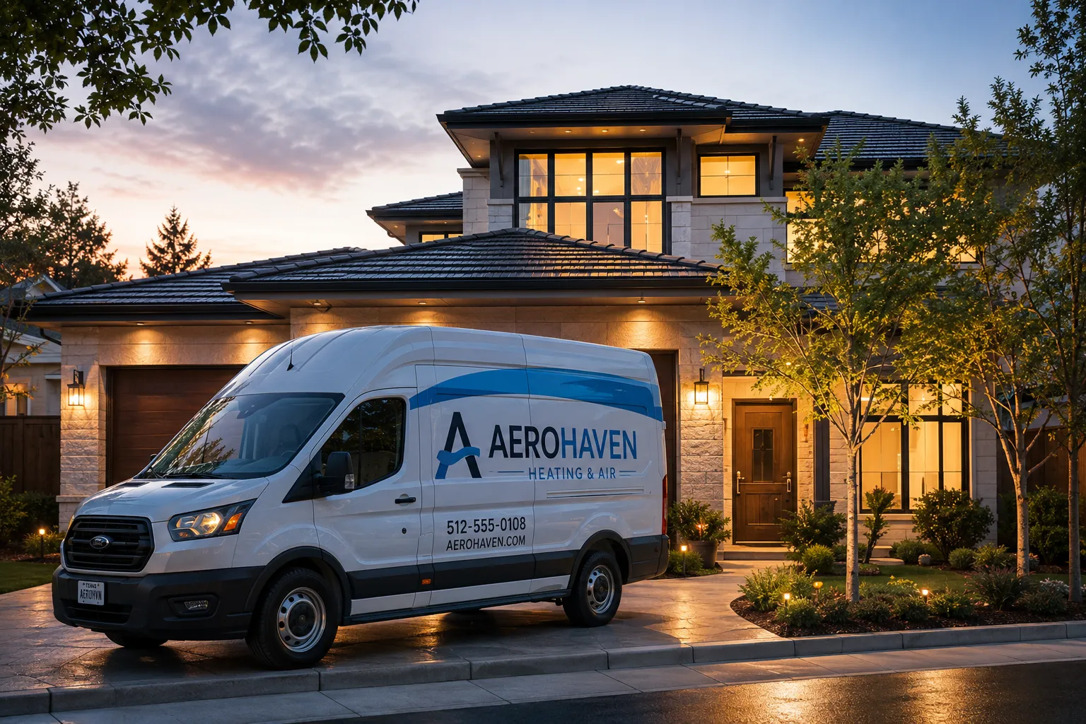 AeroHaven service van in front of a modern Texas home at dusk