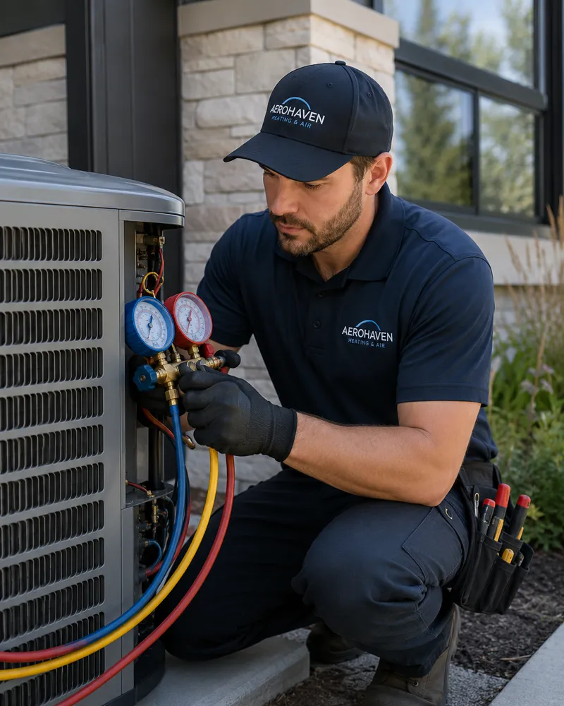AeroHaven technician checking refrigerant gauges on an outdoor AC unit