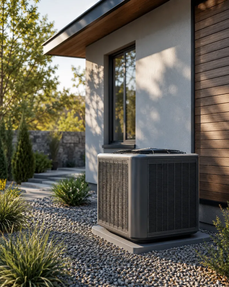 Modern heat pump unit installed in a landscaped garden
