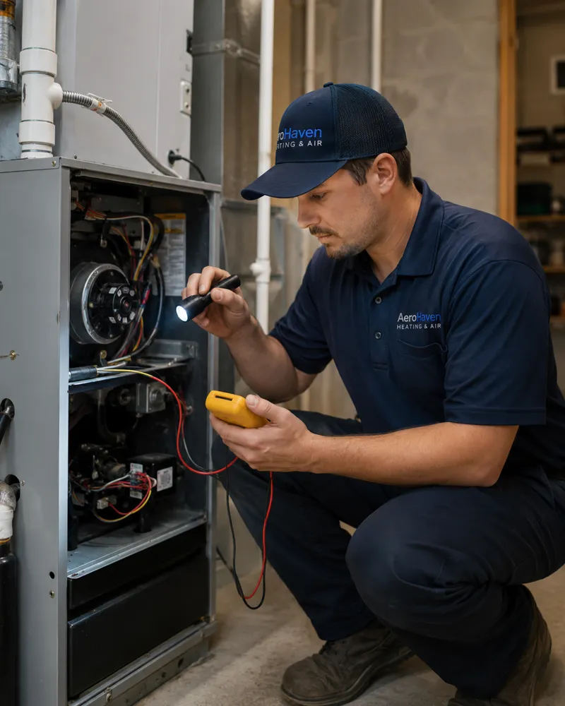 Technician inspecting a furnace with a flashlight