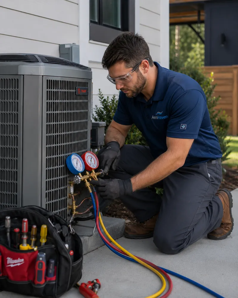 Technician performing seasonal maintenance on an outdoor unit