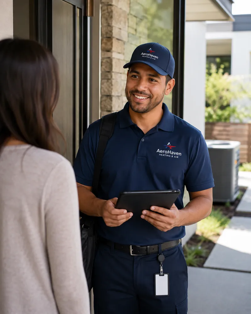 AeroHaven technician greeting a homeowner at the front door with a tablet