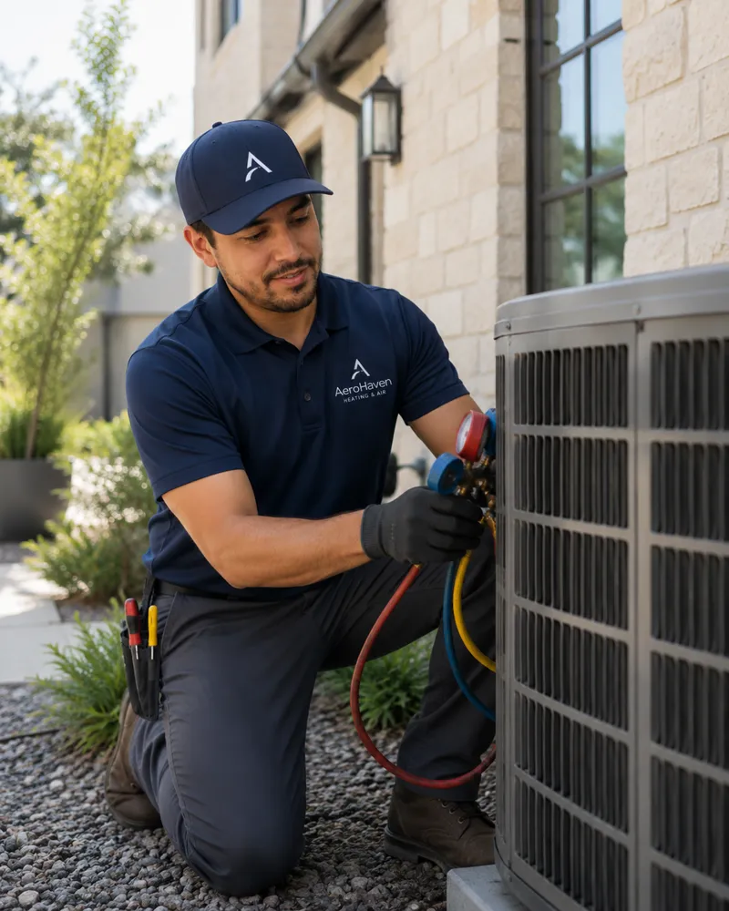 Technician kneeling beside an outdoor AC unit with diagnostic gauges