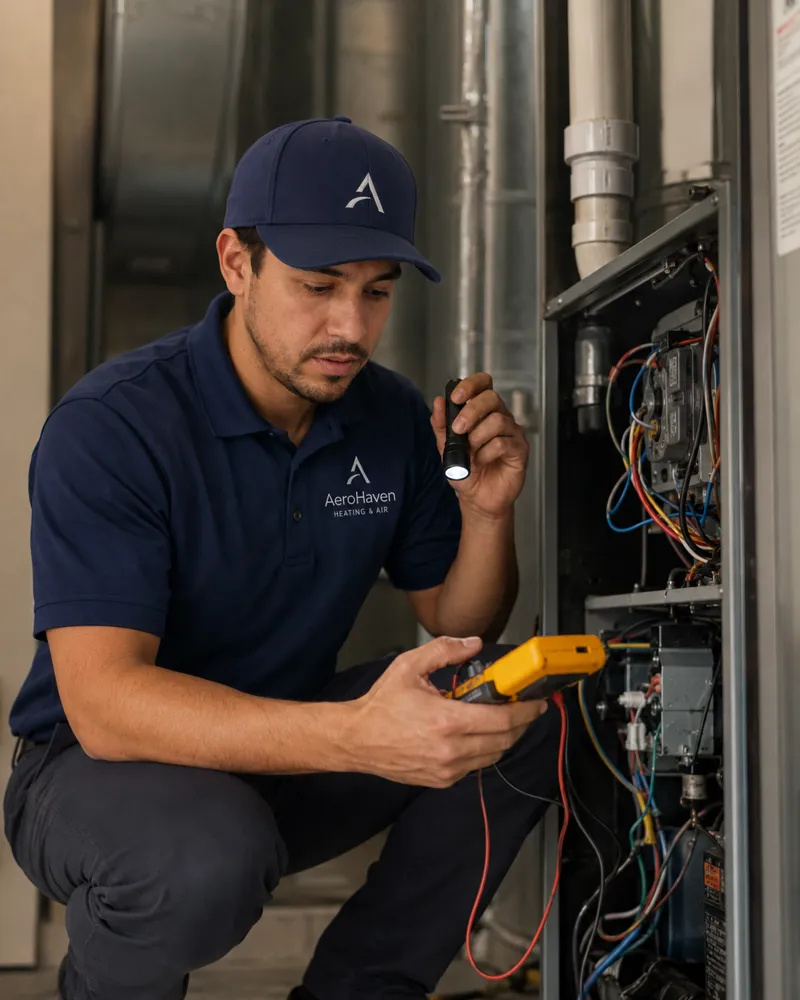 Technician inspecting an HVAC system with a flashlight