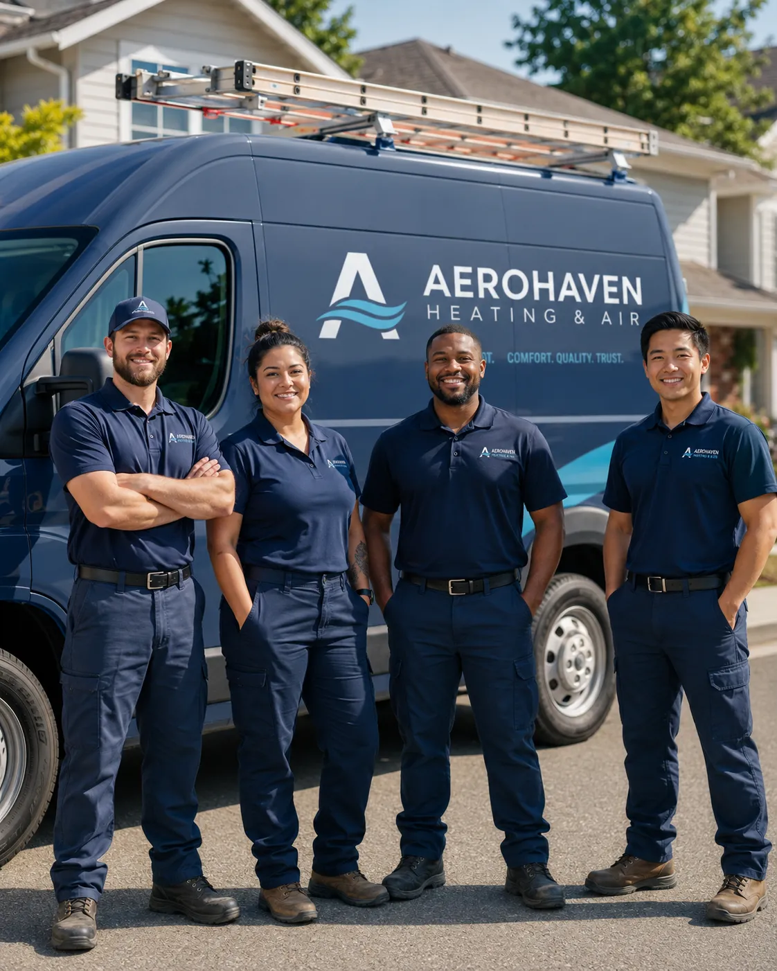 The AeroHaven technician team standing together in front of a branded service van